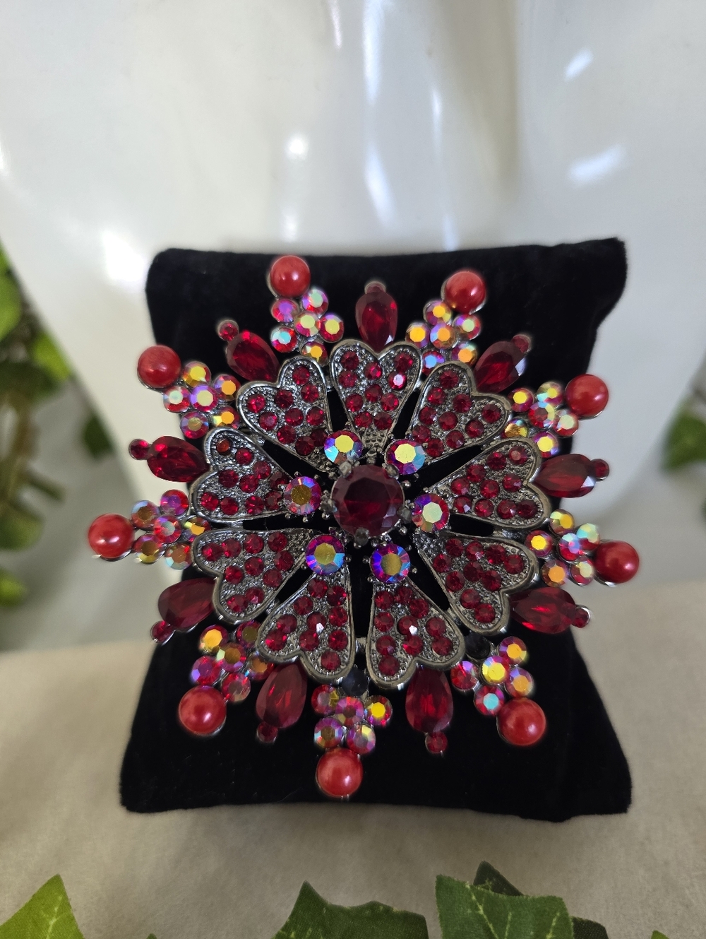 Silver Gunmetal with AB Red Rhinestone Flower Sunburst Brooch Pin